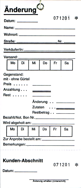 Änderungskarte mit Öse und losem Faden